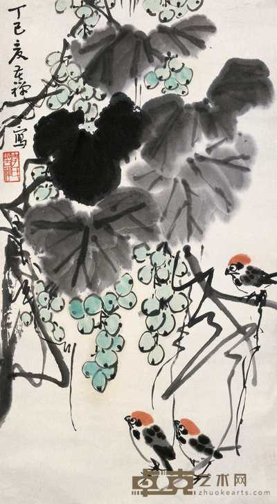 李苦禅 1977年作 果熟来禽 立轴 67×36cm